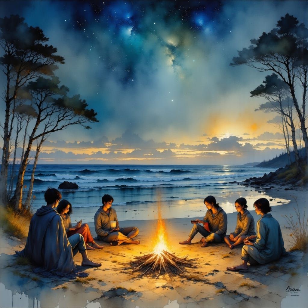 <lora:Flux - Painterly:1.0> <lora:Akimora:1.0> A glowing bonfire on a quiet beach at night, painted in soft watercolor s...