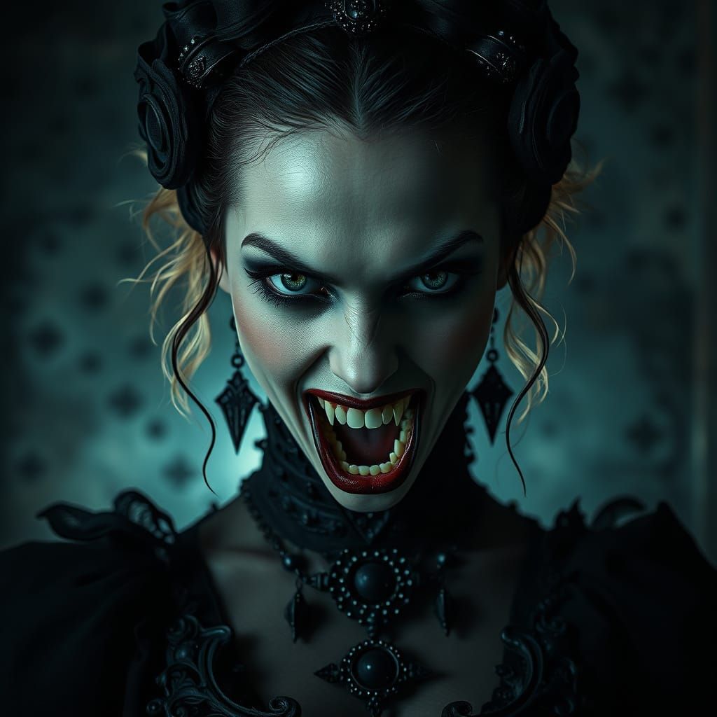 Gothic Woman with Fangs in Victorian-Inspired Attire