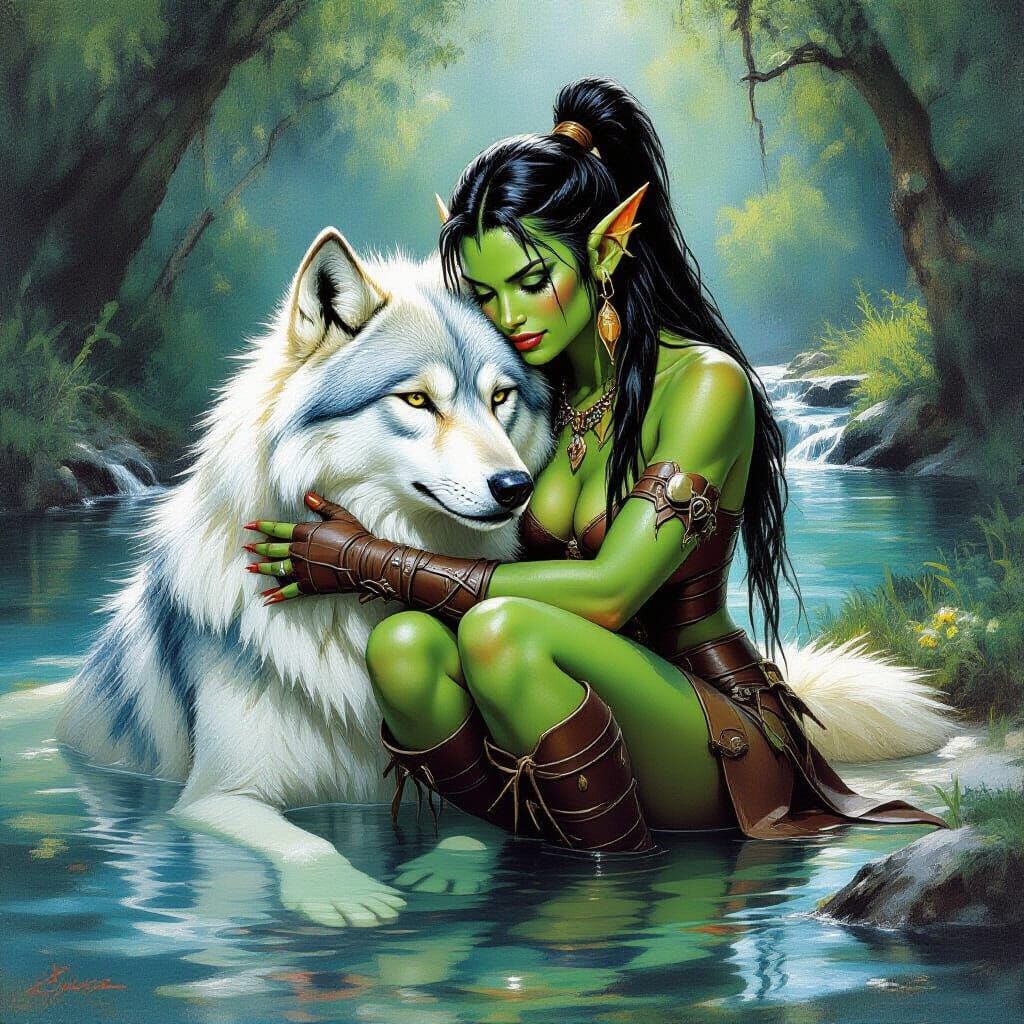 Orc Huntress and Dire Wolf in Acrylic Style