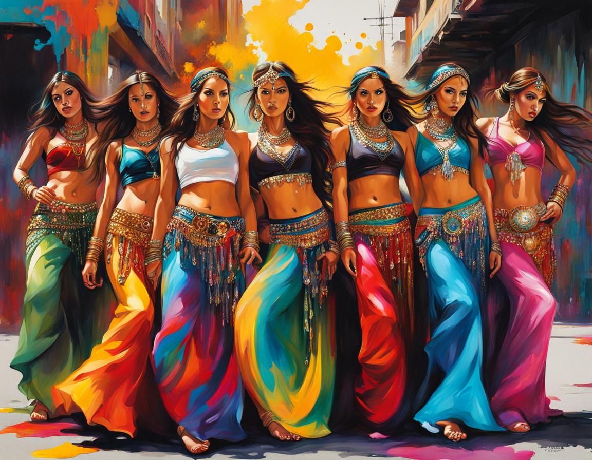 Vibrant Belly Dancers in Graffiti Art Style