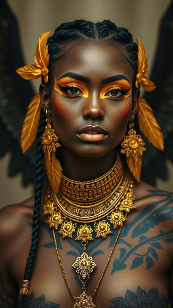 Woman with Tribal Face Paint and Golden Adornments
