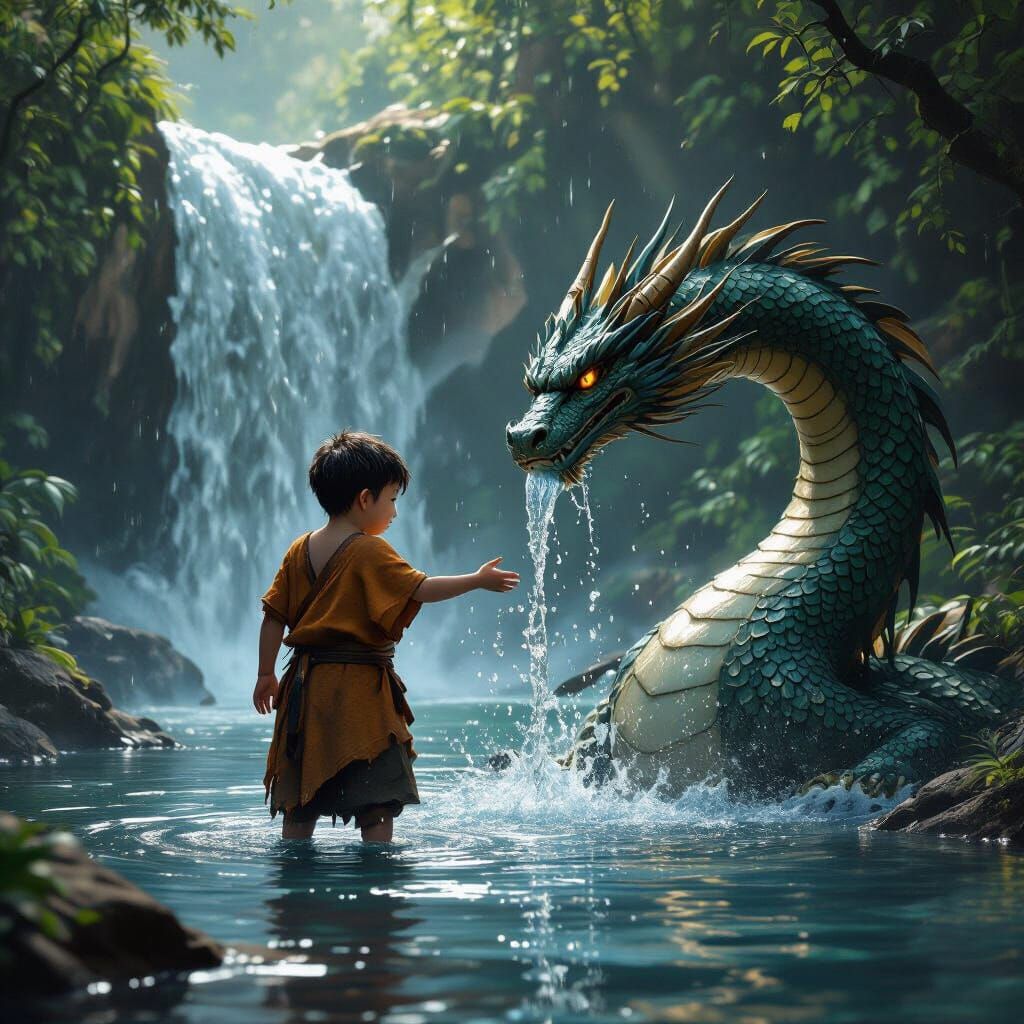 Boy Manipulates Water into Dragon at Waterfall