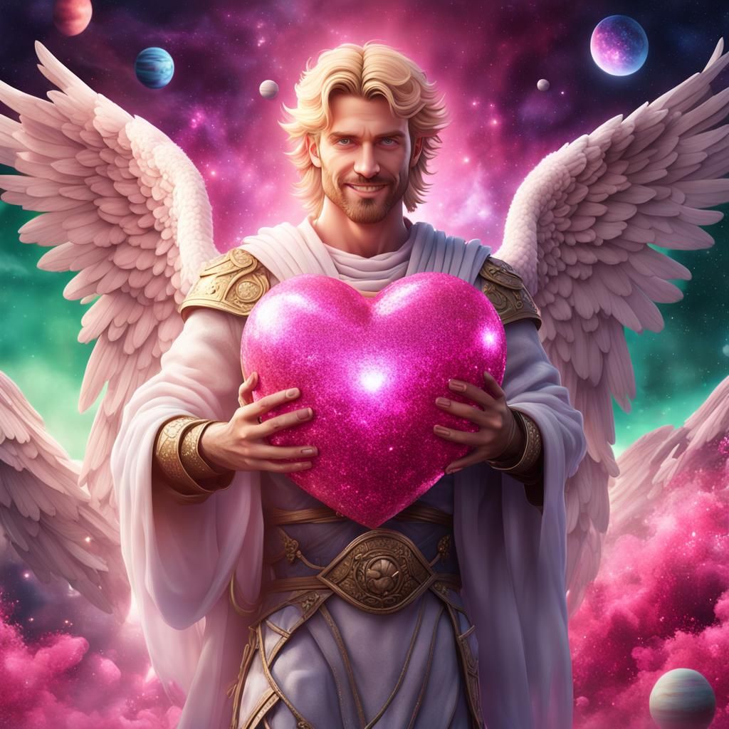 Handsome Angel Holding Heart in Space