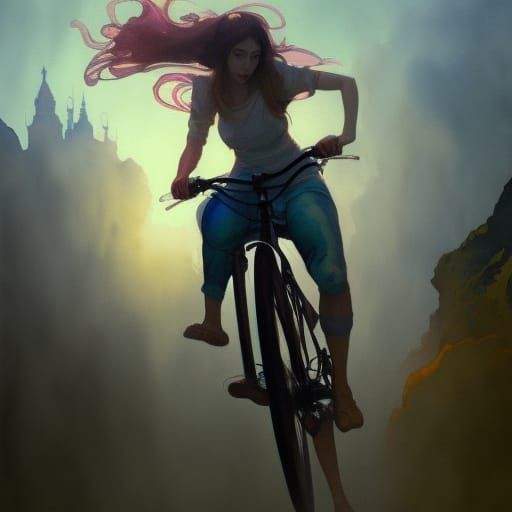 Girl Rides Bike: Watercolor Concept Art Portrait