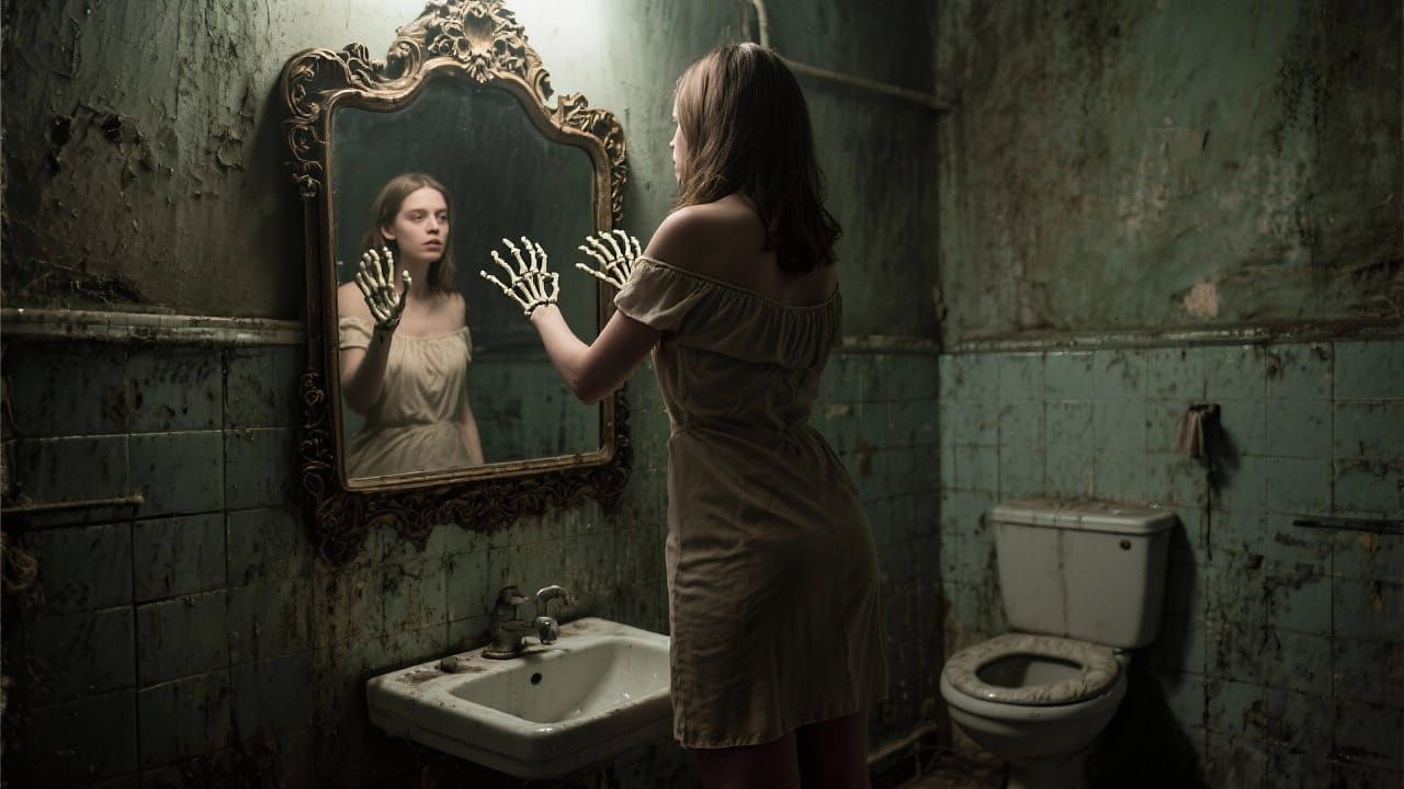 Eerie Scene of Woman and Skeletal Hands from Mirror
