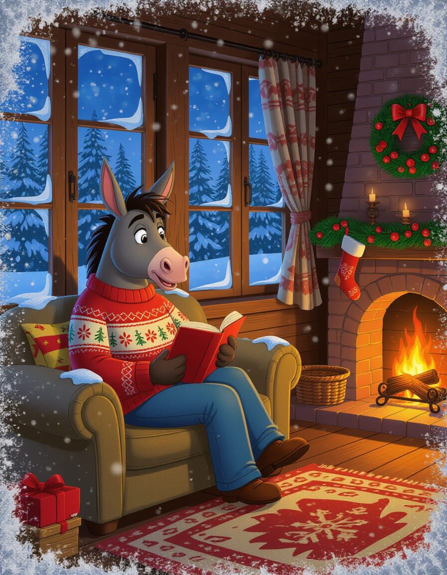 Eeyore Watches Snowfall by Firelight in Cozy Living Room