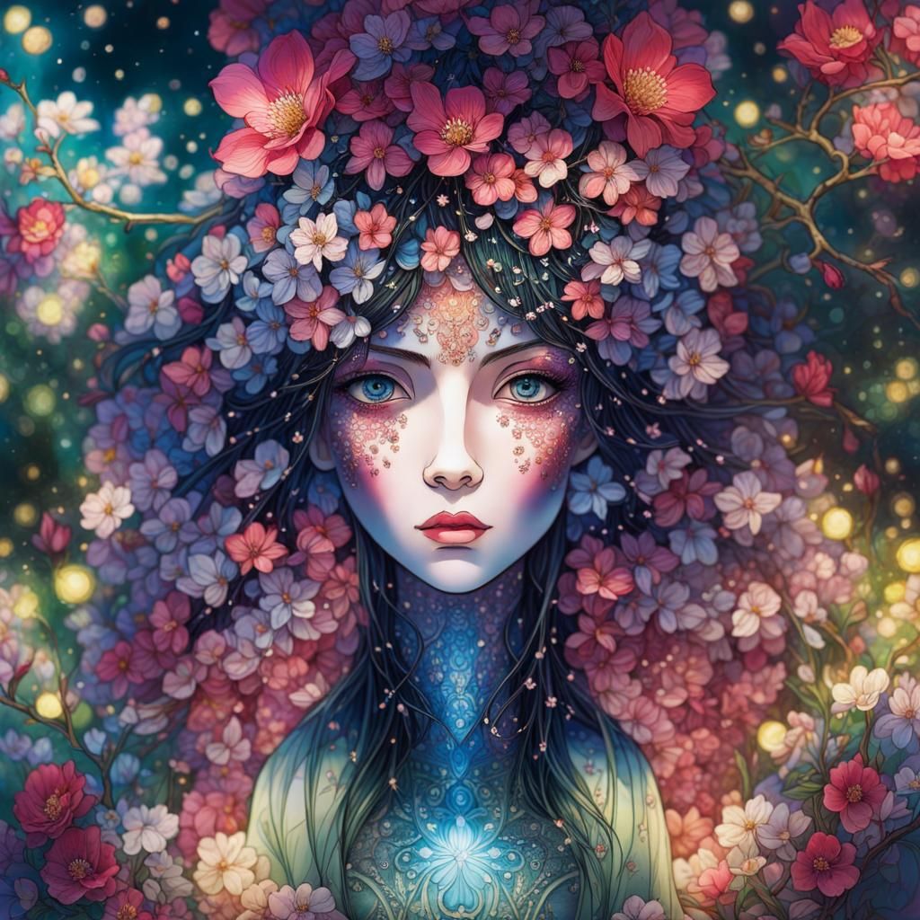 Crystal Woman with Cherry Blossoms: Pointillism Concept Art