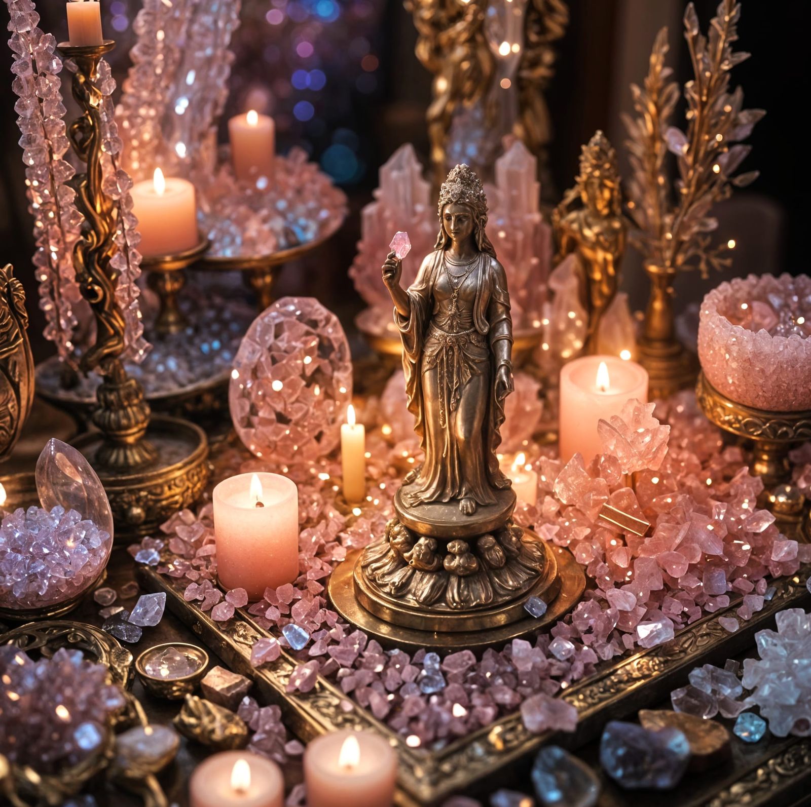 Goddess Altar with Pastel Pink Crystals
