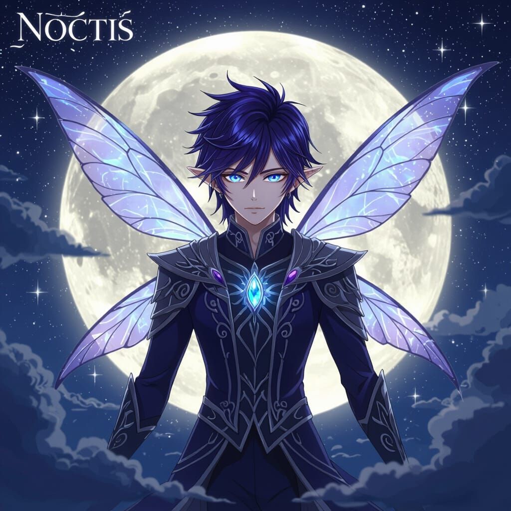 Anime Fairy Prince Floats Beside Glowing Moon