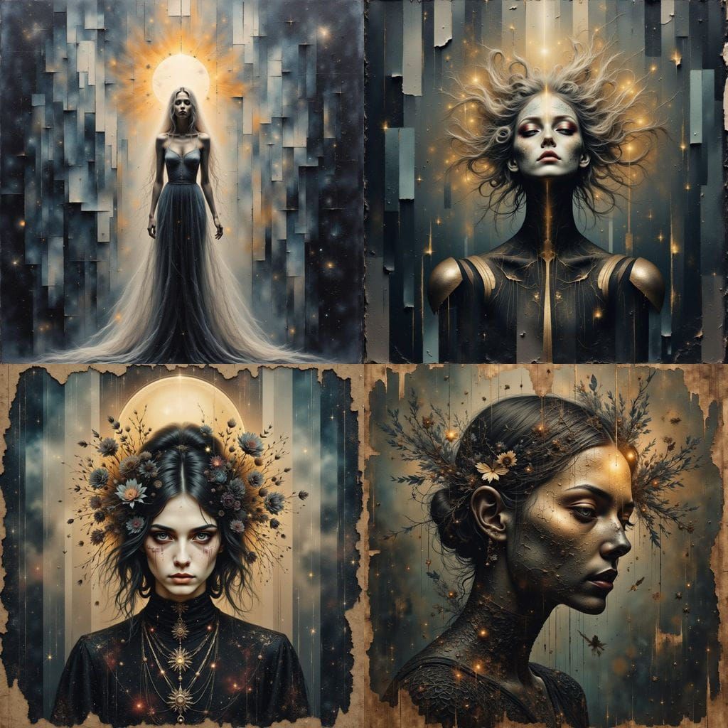 Shimmering Celestial Spirit in Gothic Collage Style