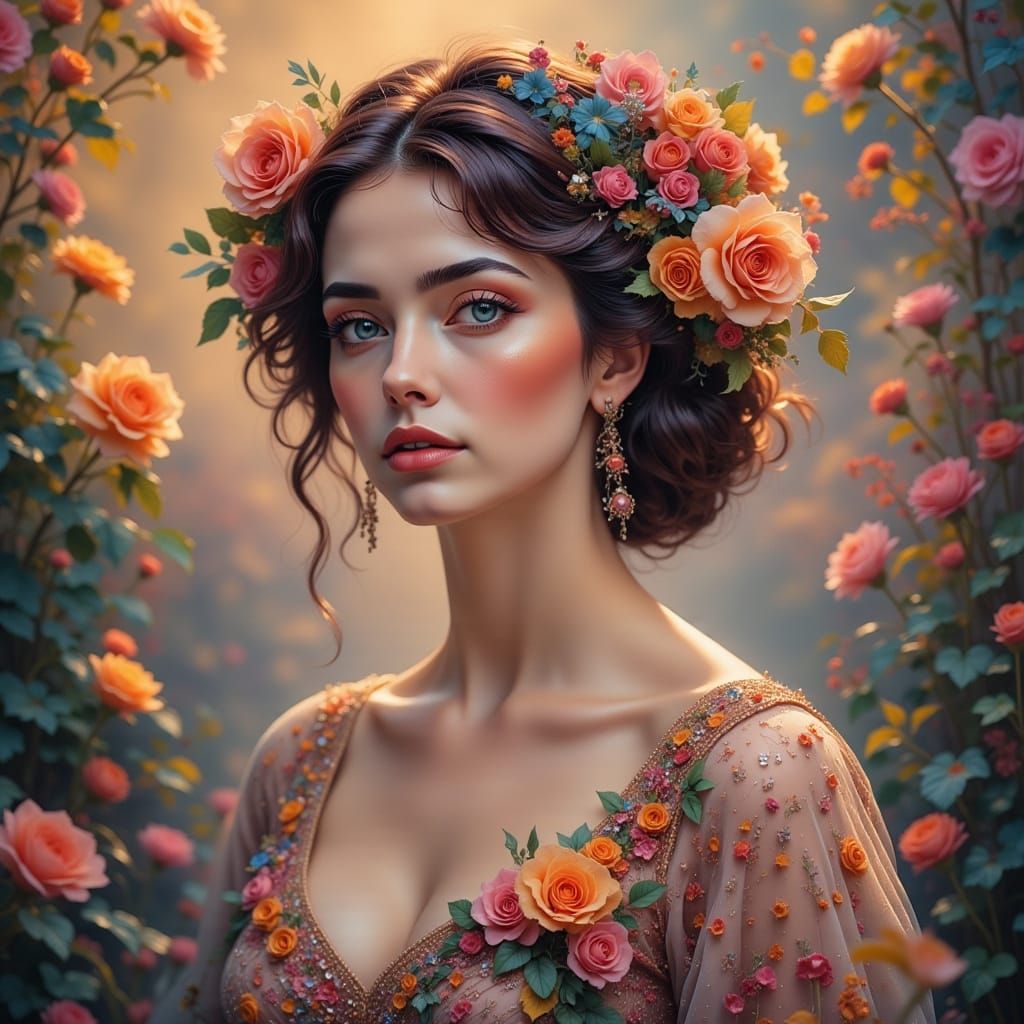 Elegant Woman Portrait with Flowers and Soft Lighting