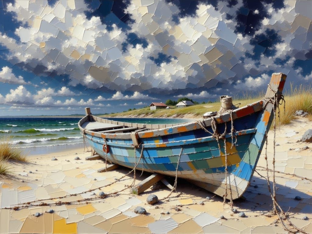 Weathered Fishing Boat on a Sunlit Beach as Oil Painting