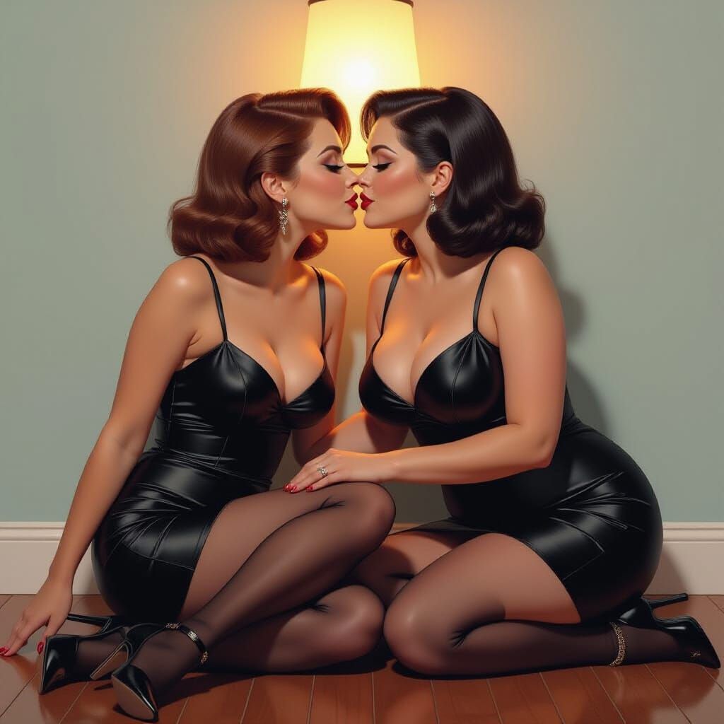Brunettes Kissing in Hyperrealistic Style