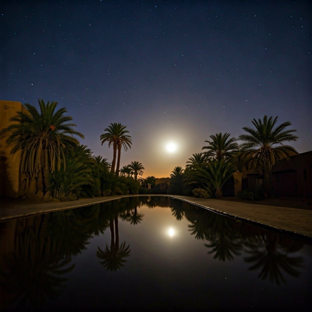 Moonlit Desert Oasis Reflection