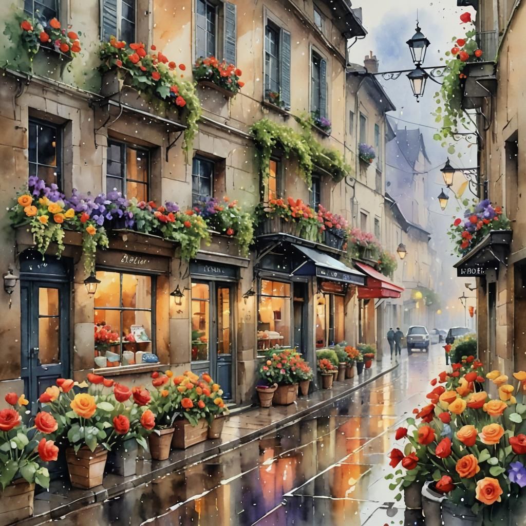 Rainy French Street with Flowers in Watercolor