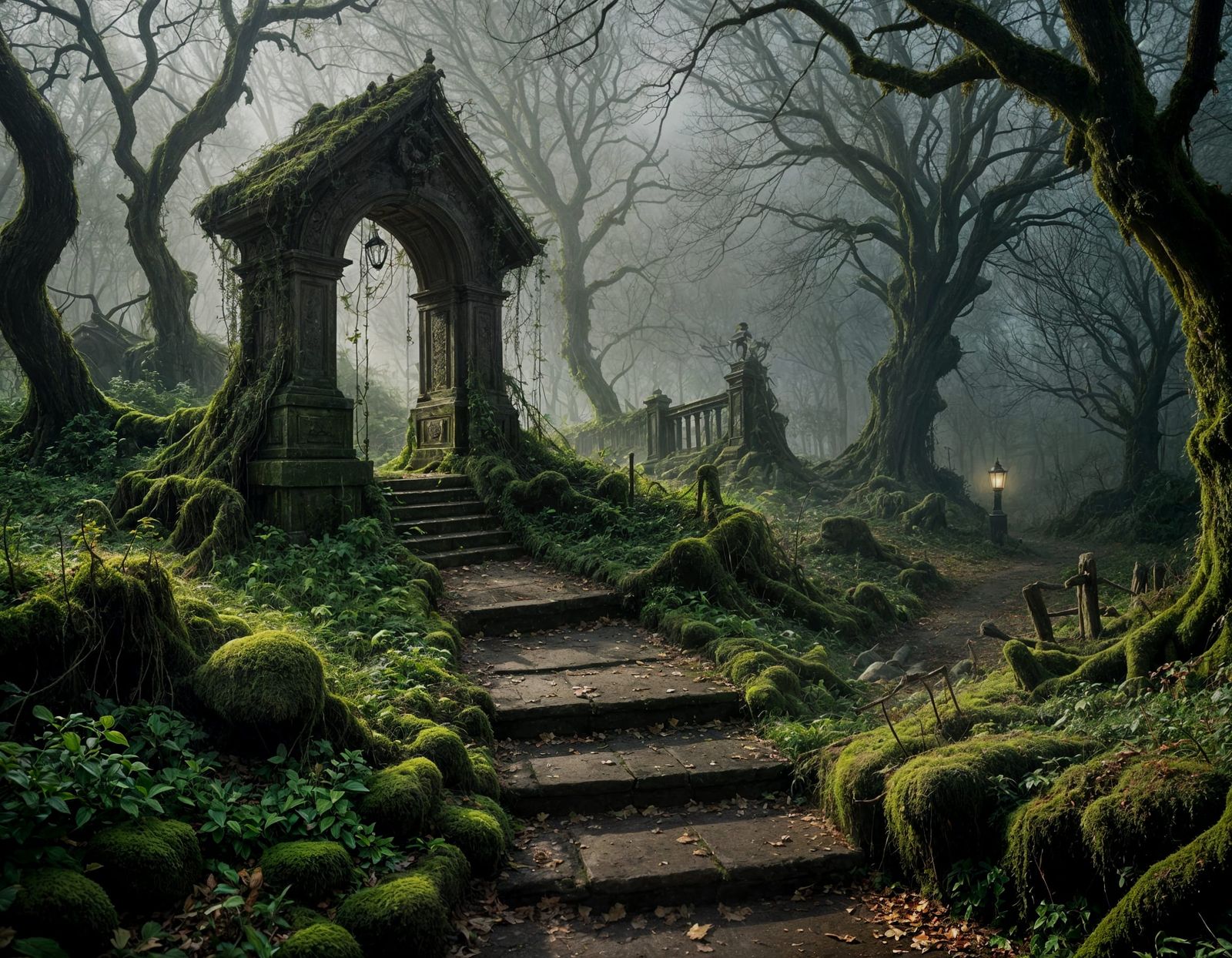 Creepy Overgrown Garden in Dense Mist