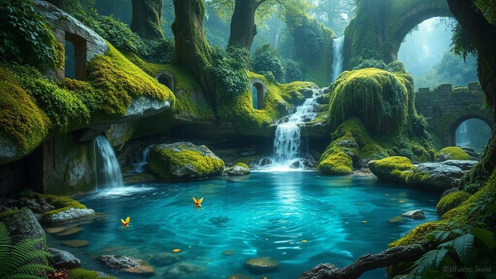 Hidden Waterfall with Magical Creatures in Vibrant Candyland...