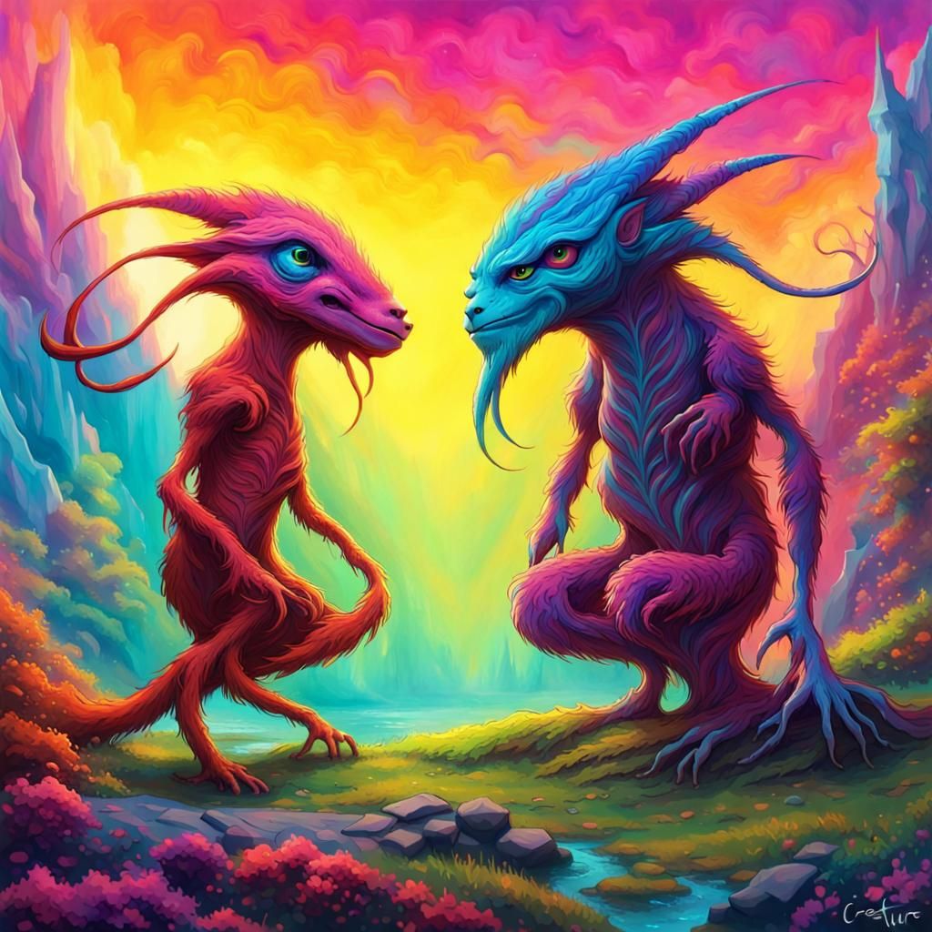 Fantasy Creatures in a Vibrant Landscape