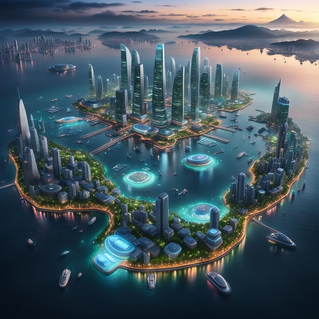 Futuristic Island City at Dusk: Digital Matte Painting