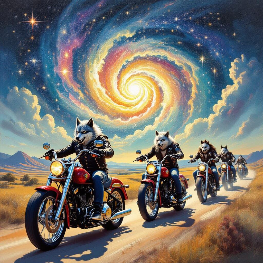 Surreal Biker Gang Riding Constellation Motorcycles