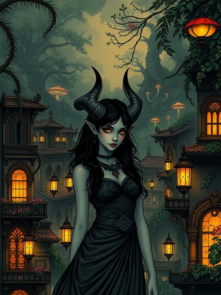 Tiefling Woman in Jungle City, Art Nouveau Illustration