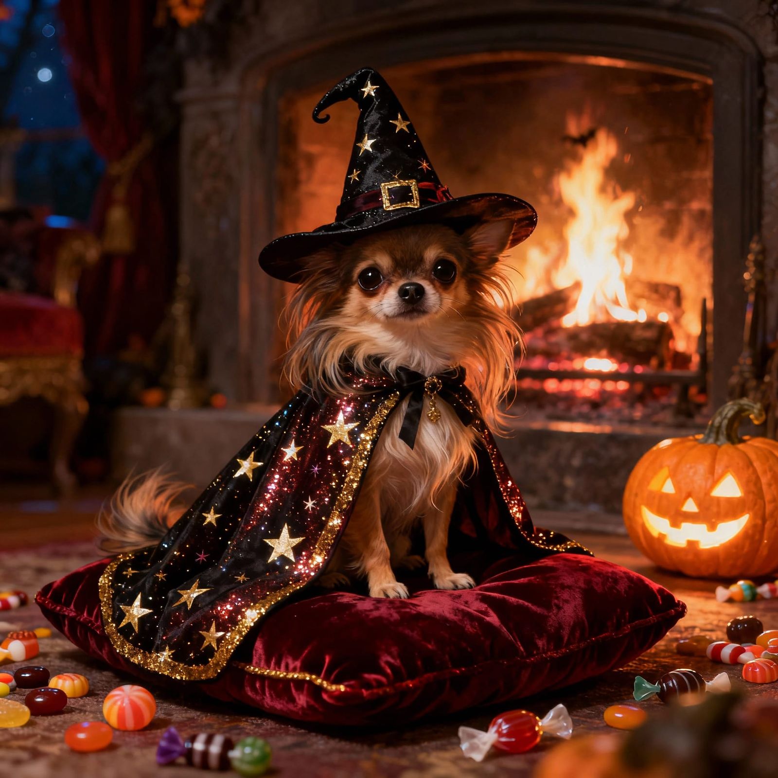 Tiny Witch Chihuahua on Velvet Cushion