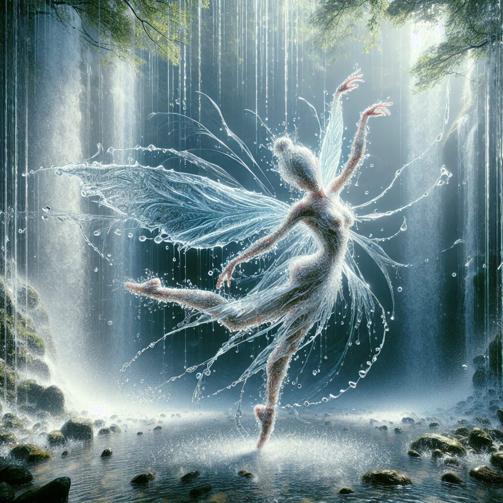 Ethereal Water Fairy in Ballet Pose Under Cascading Waterfal...