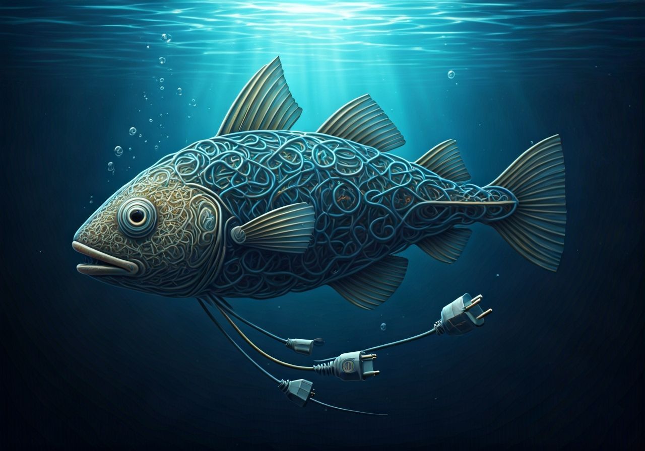 Whimsical Codfish Made of Wires Swims in Blue Sea