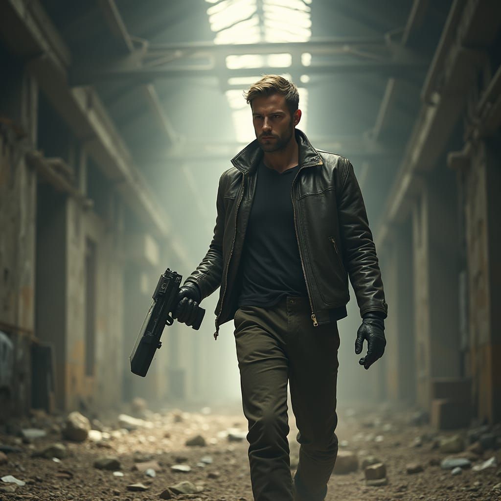 Man with Futuristic Pistol Explores Abandoned Factory