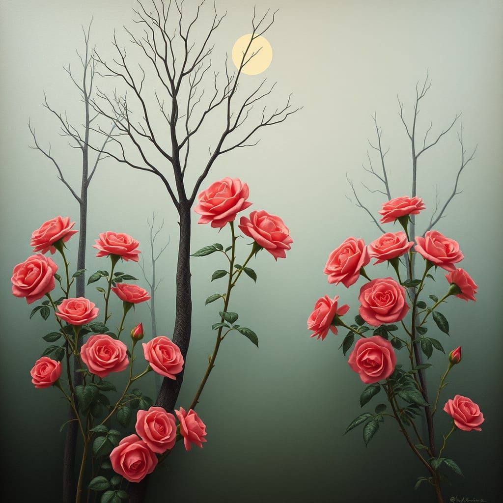 Minimalist Winter Rose Garden Landscape in Soft Pastel Tones