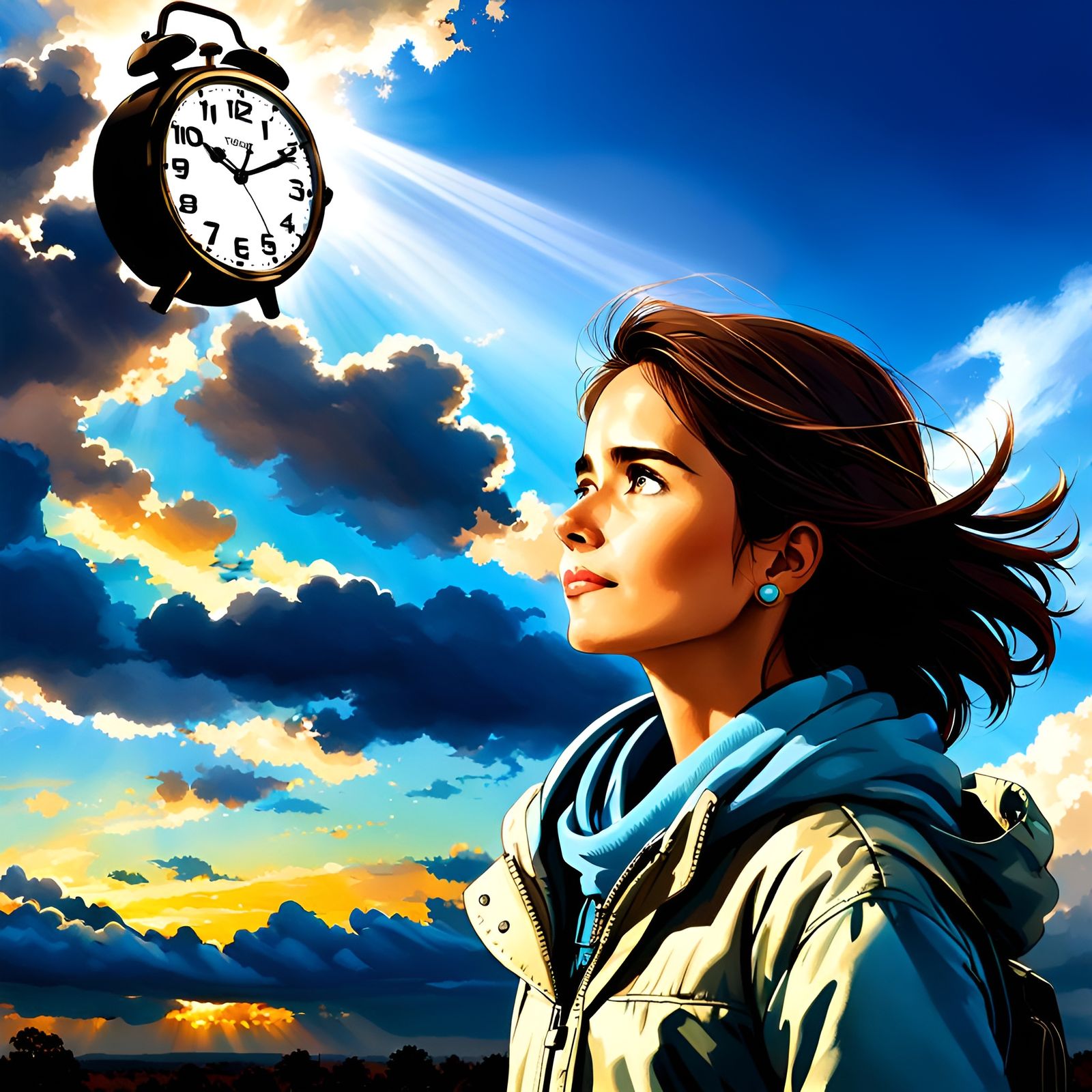 Woman Watches Clock Sky, Autumnal Breeze in 32k