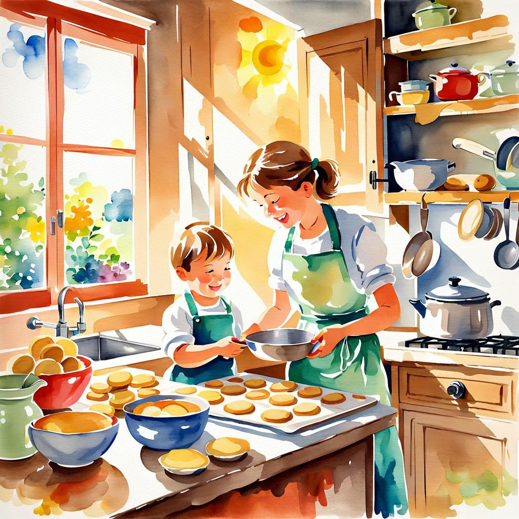 Watercolor Painting of Boy Baking with Mother