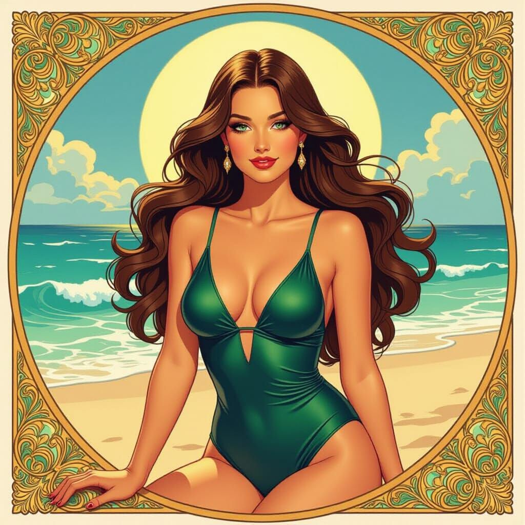 Elegant Woman on Sunny Beach, Art Nouveau Style