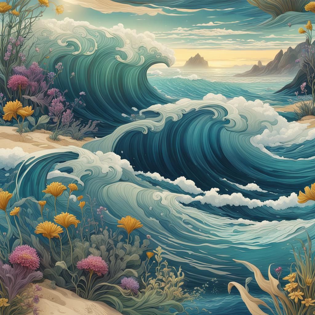 Art Nouveau Ocean Waves and Wildflowers