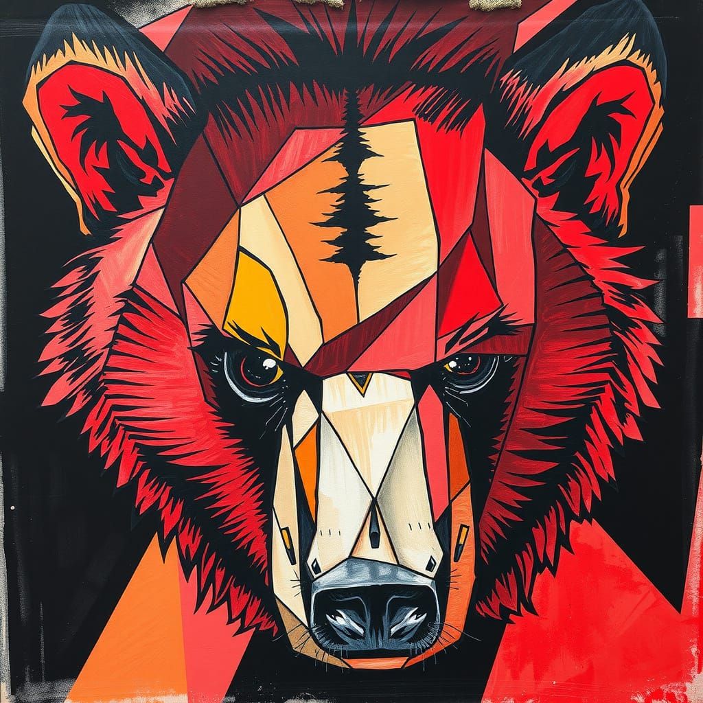 Surreal Geometric Bear in a Despairing World of Red and Shad...