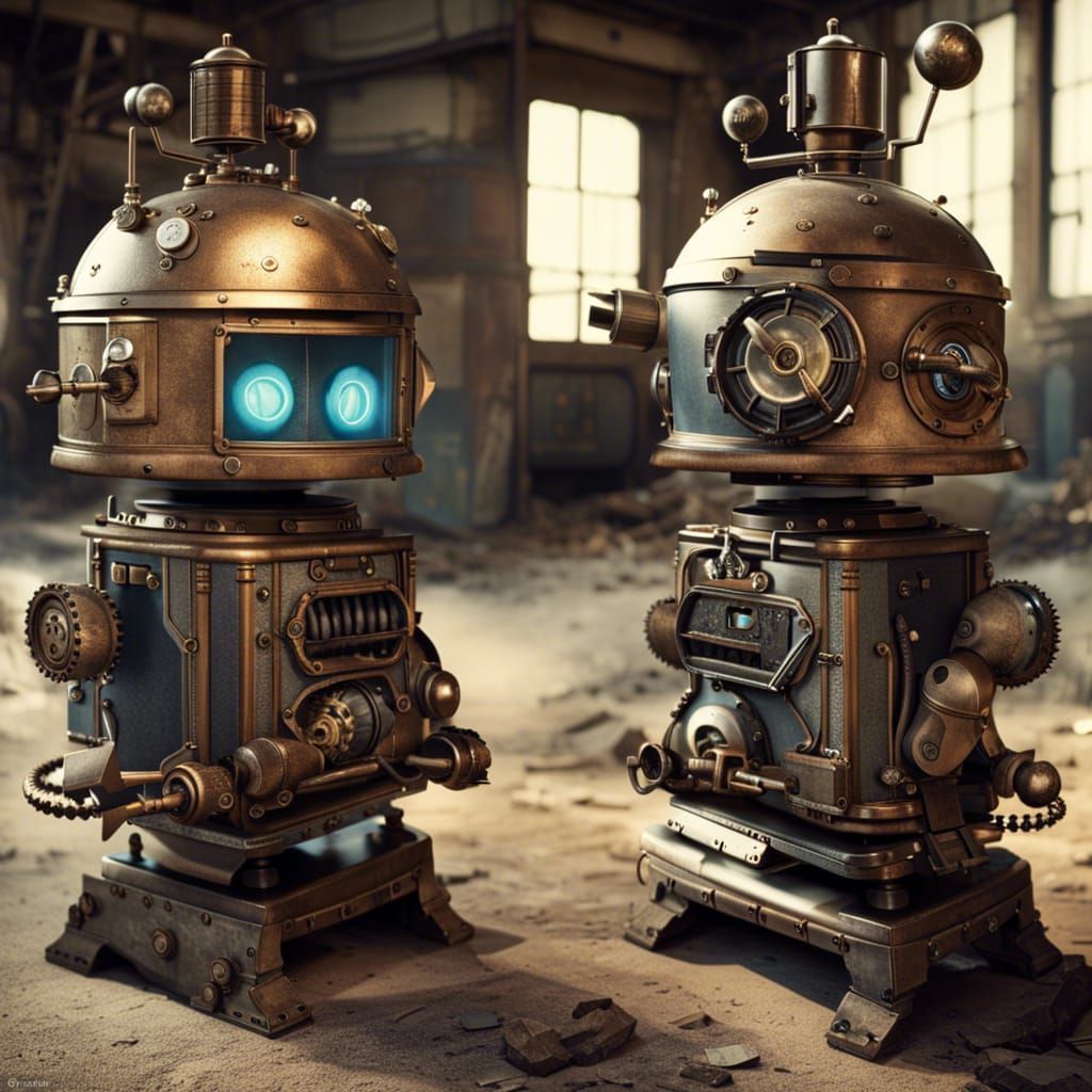 a cute little 1930s sci-fi steampunk robot, the Chewing Machine, in a dusty abandoned war station