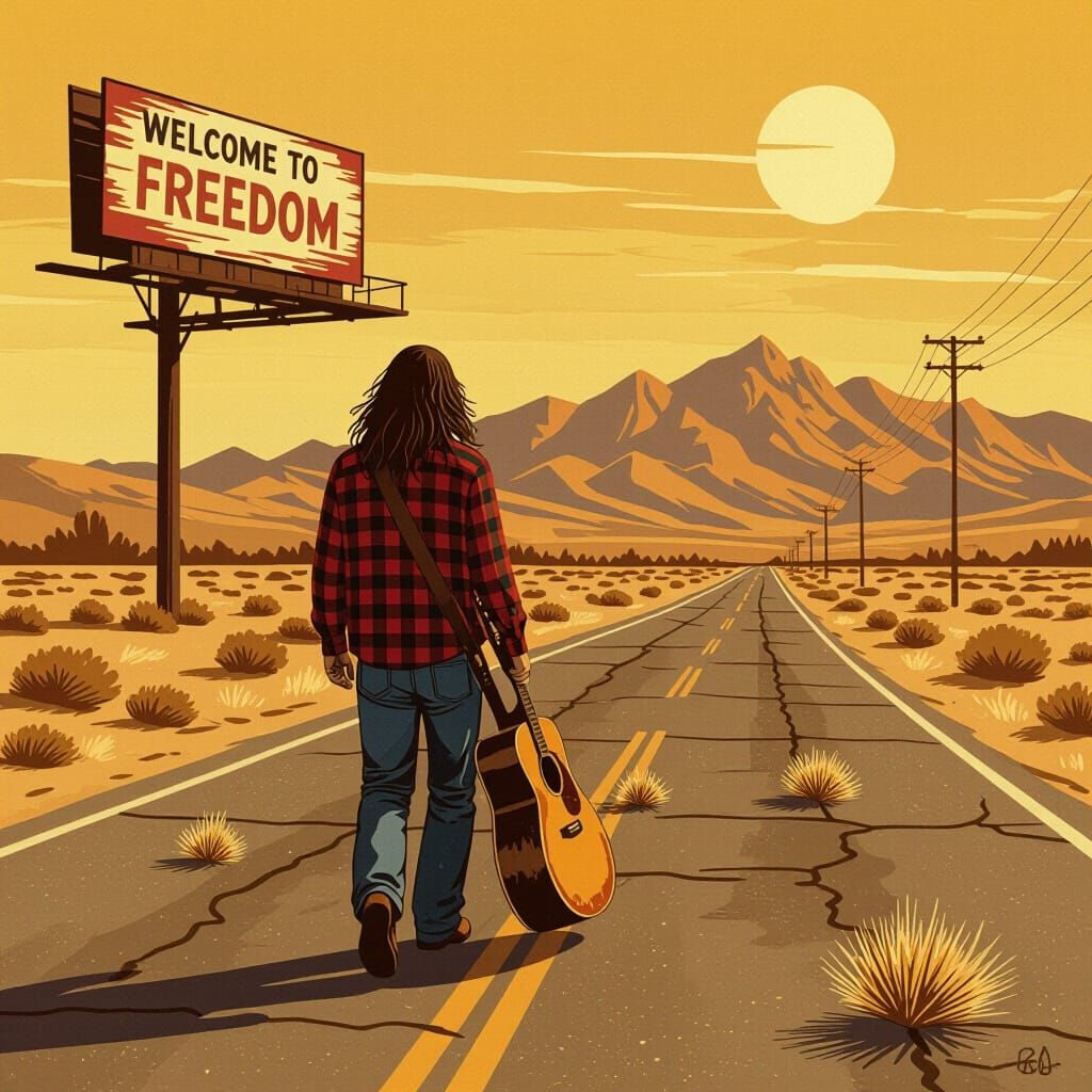 Vintage Folk Art: Man Walking on Prairie Road