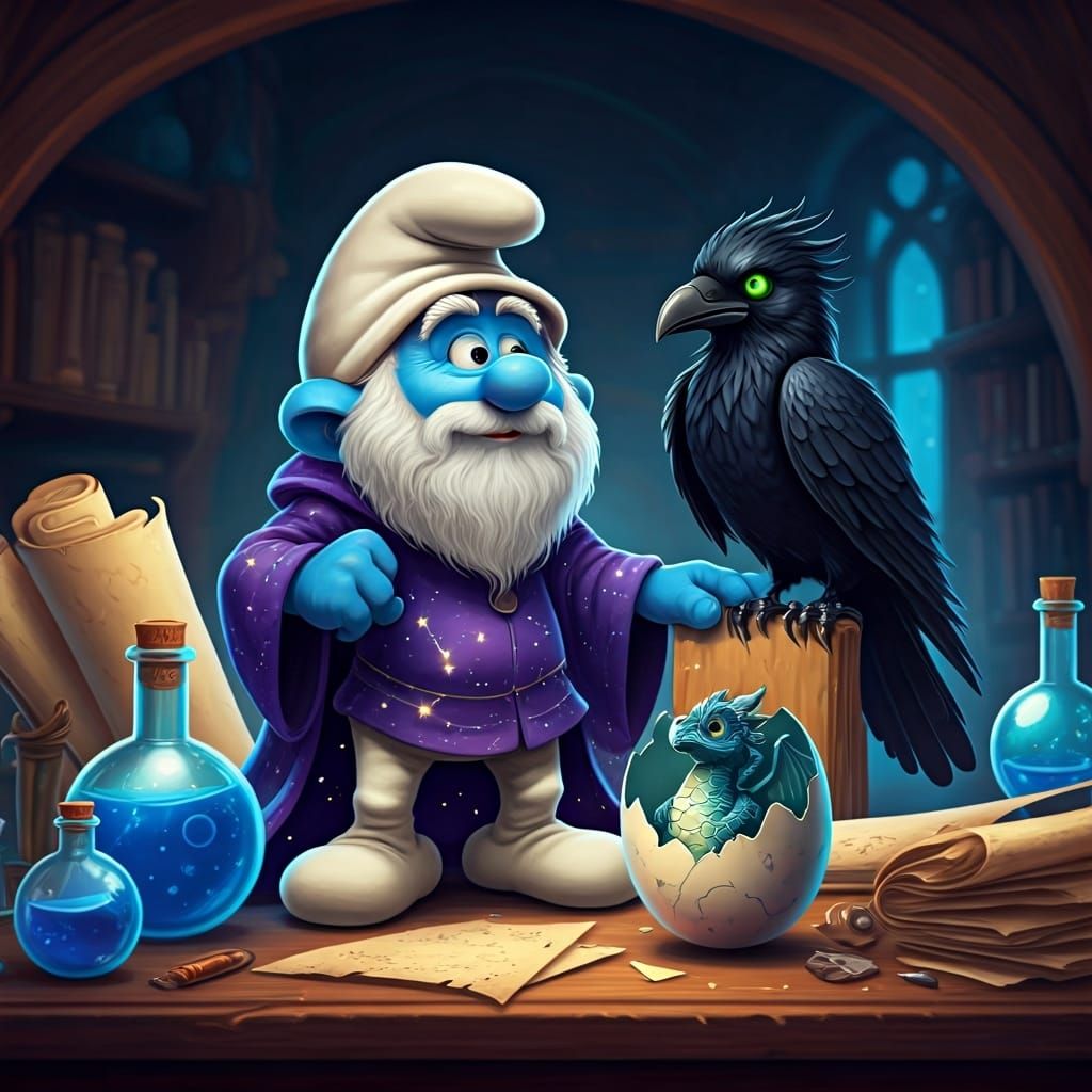 Wizard Papa Smurf with Raven and Dragon