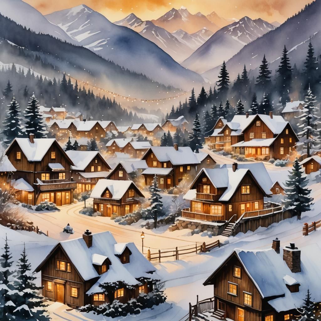 Charming Winter Town in Watercolor Illustration