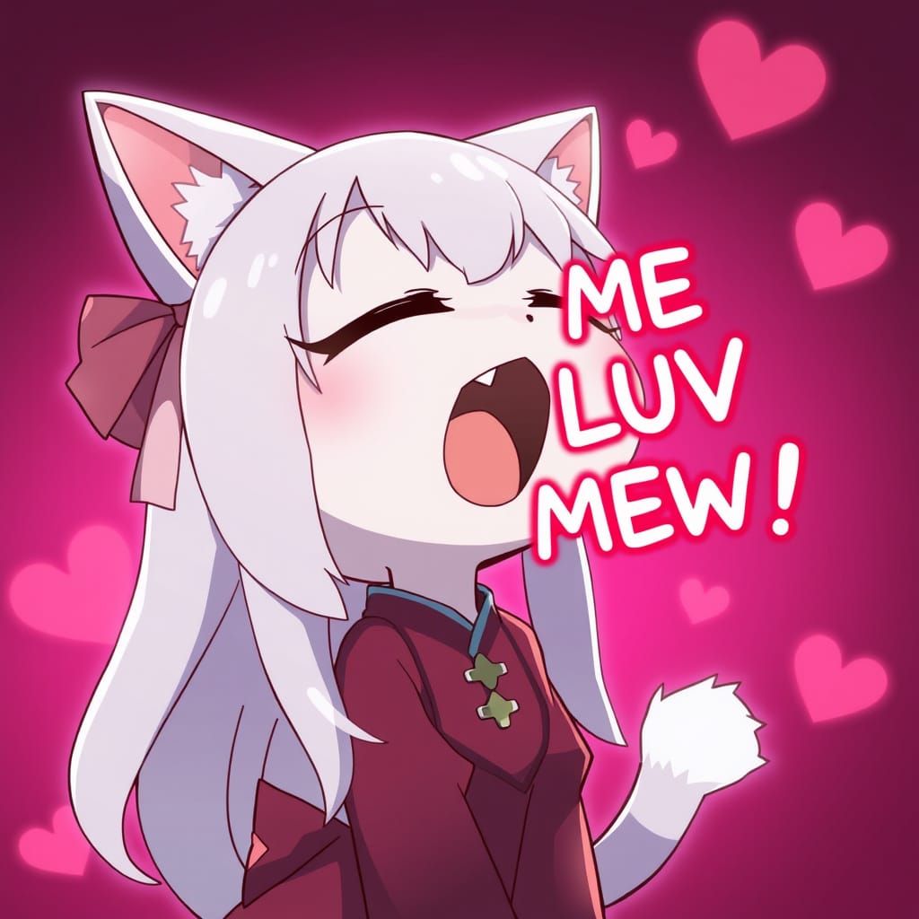 Adorable Chibi Catgirl Shouts with Love in a Moody Light