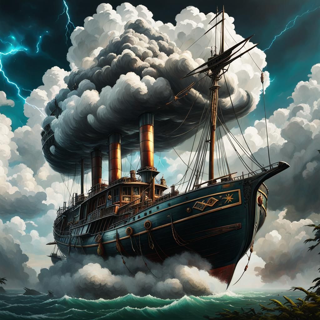 Flying cloud boat, dystopian, full of dead bodies, battle damaged