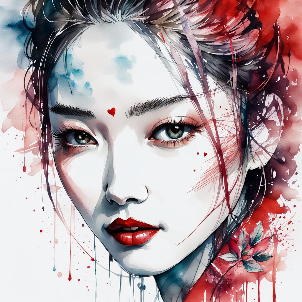 Japanese Woman Portrait in Inkpunk Watercolour Style
