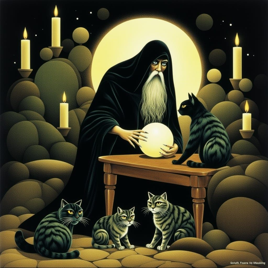 Mystical Crone with Crystal Ball and Cats