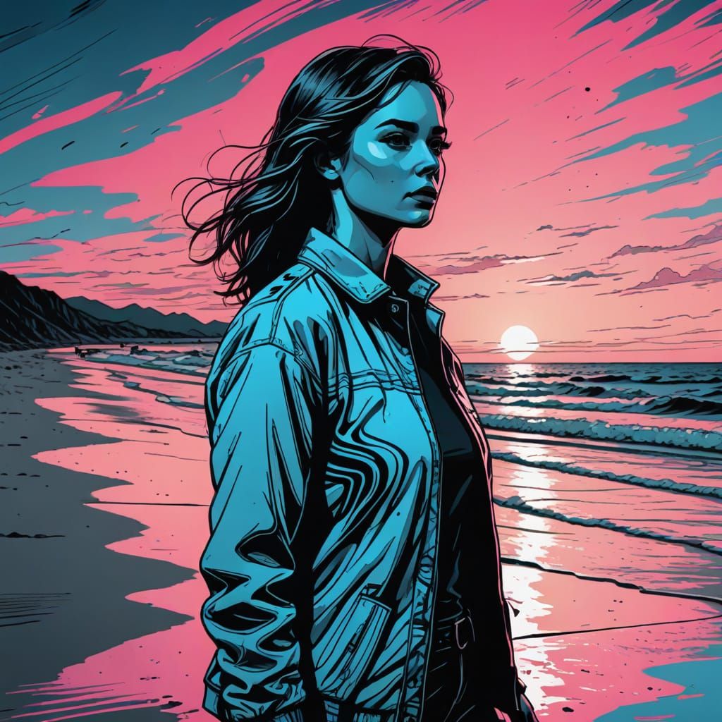 Woman on Beach in Pop Art Style