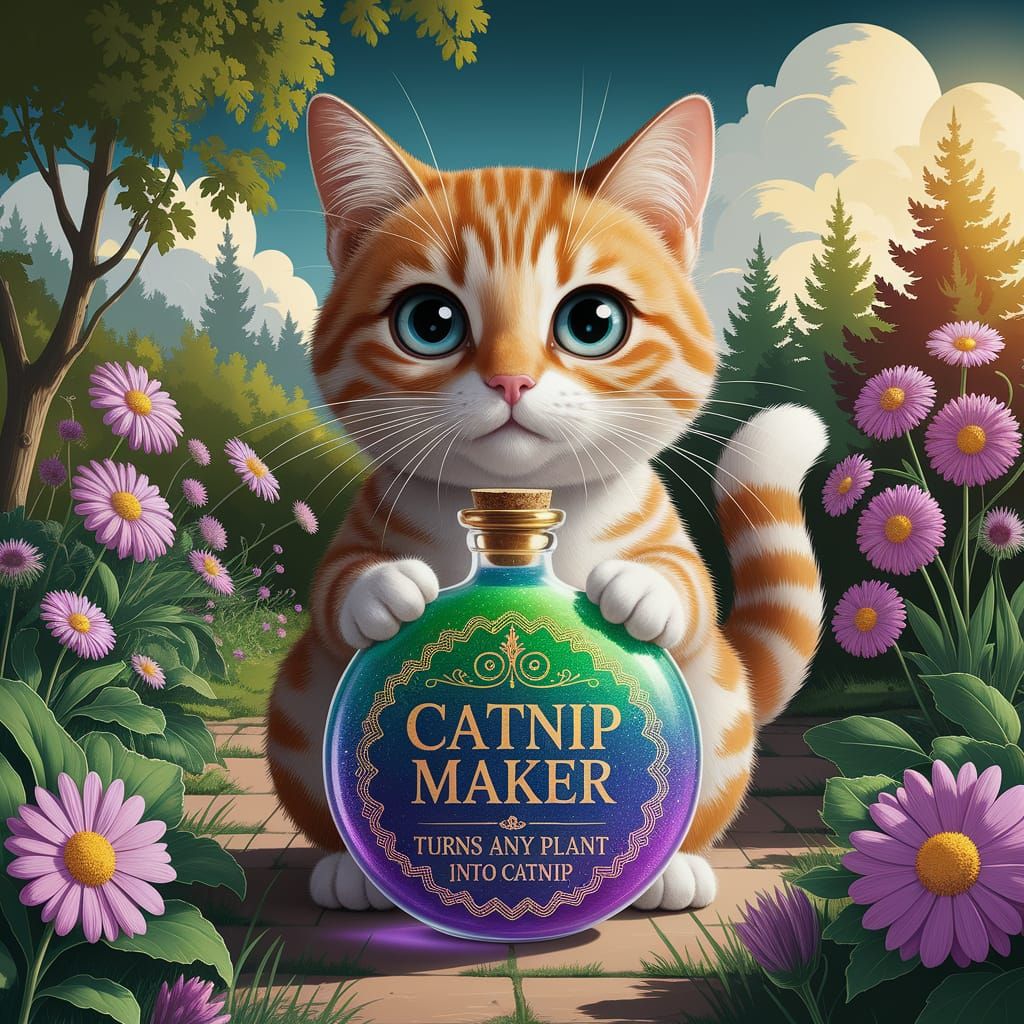 Whimsical Cat Cradles Catnip Maker in Enchanted Garden