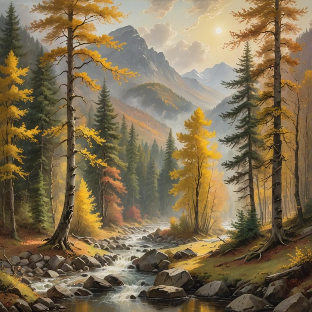 Autumn Landscape Painting with Golden Sunlight