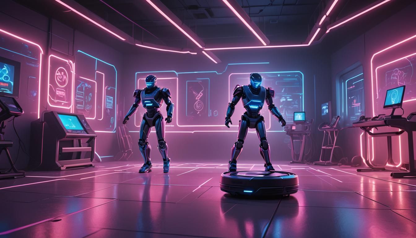 Robot Vacuum Sprinting in Futuristic Neon Gym