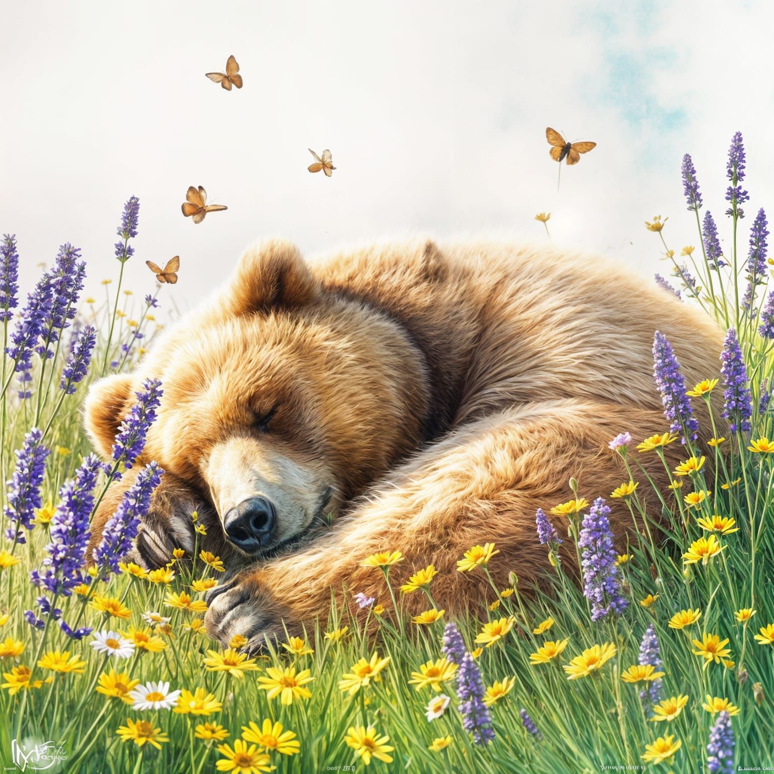 Grizzly Bear Asleep in Flowery Meadow