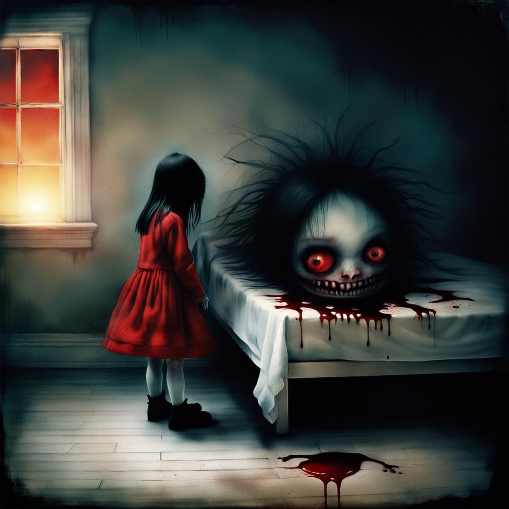 Surreal Photo of Girl Discovering Monster Under Bed