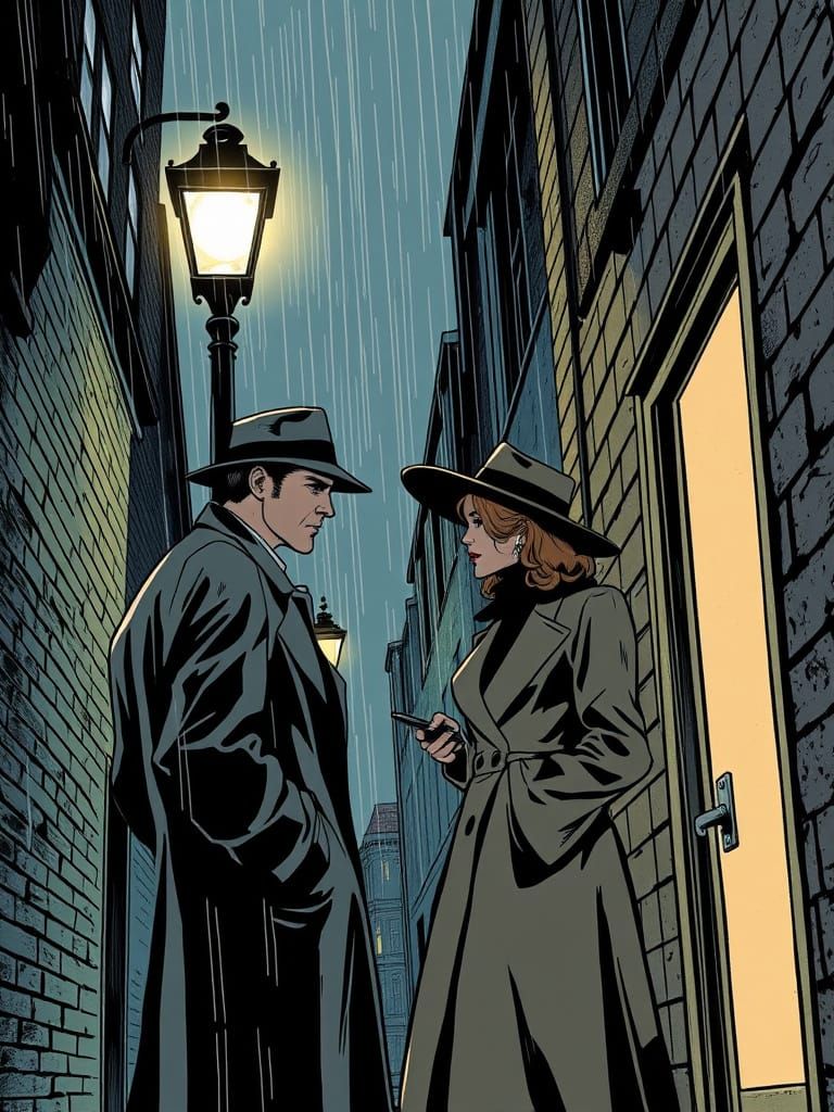 Noir Detective Confrontation in Rain-Soaked Alley